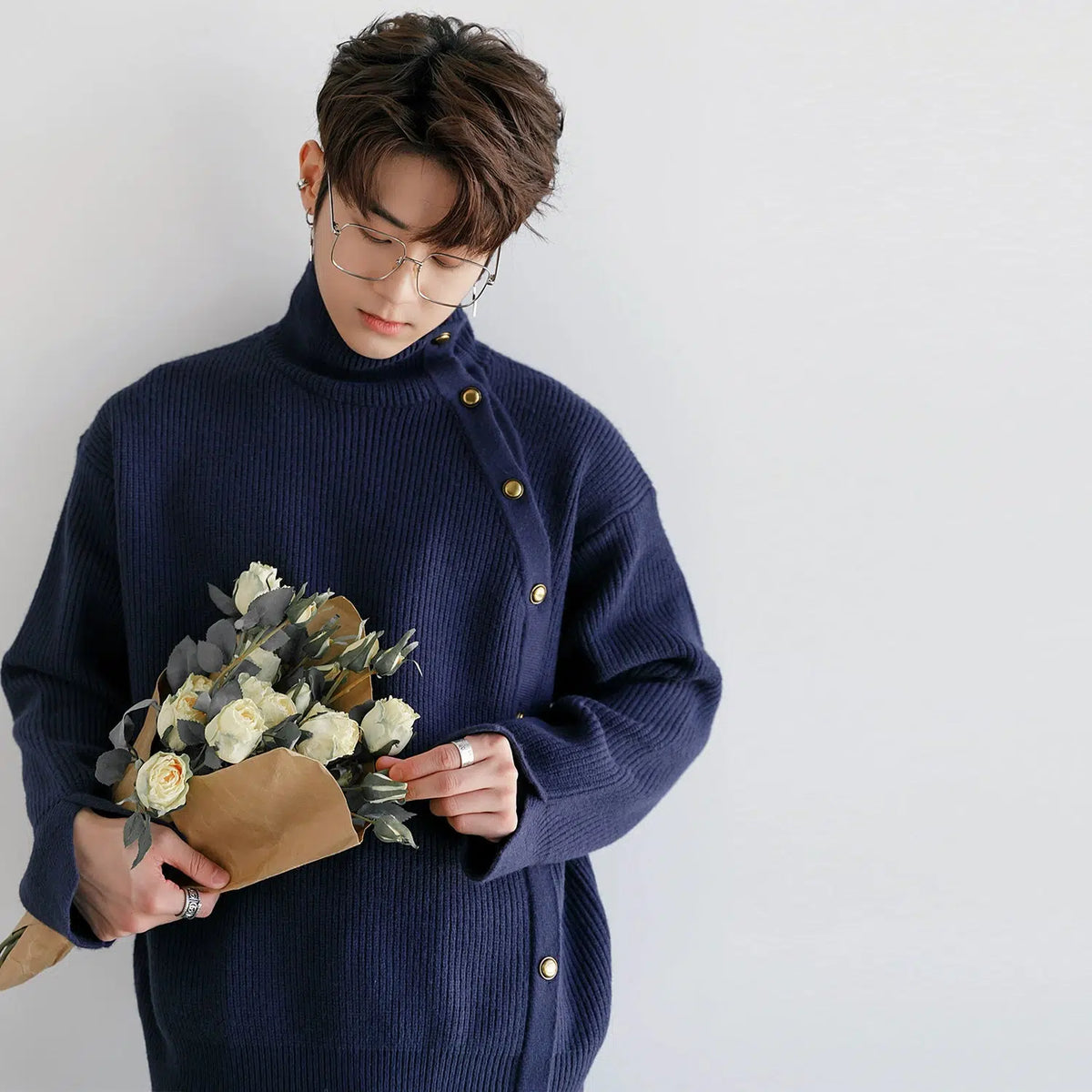 Metal Button High Collar Sweater