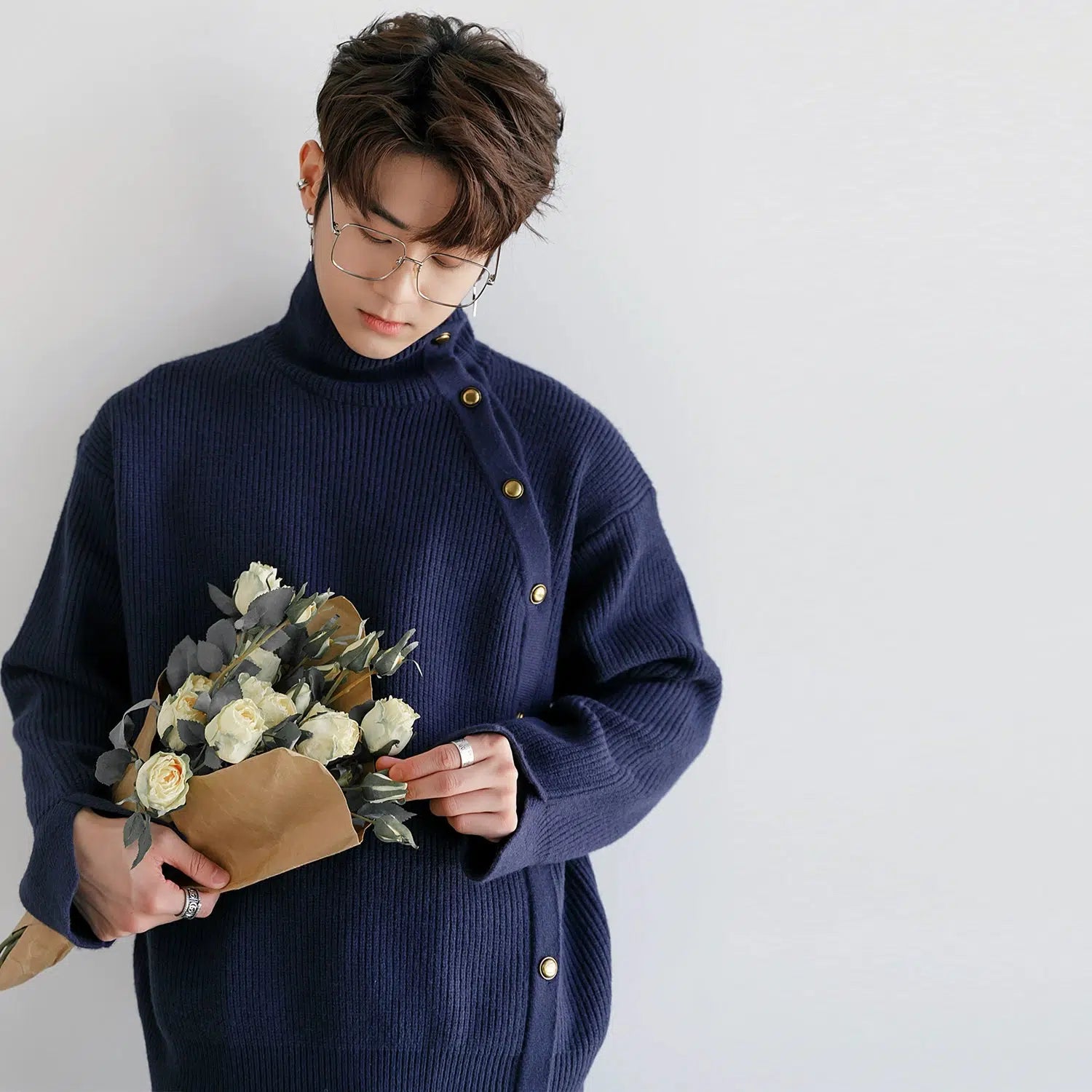 Metal Button High Collar Sweater