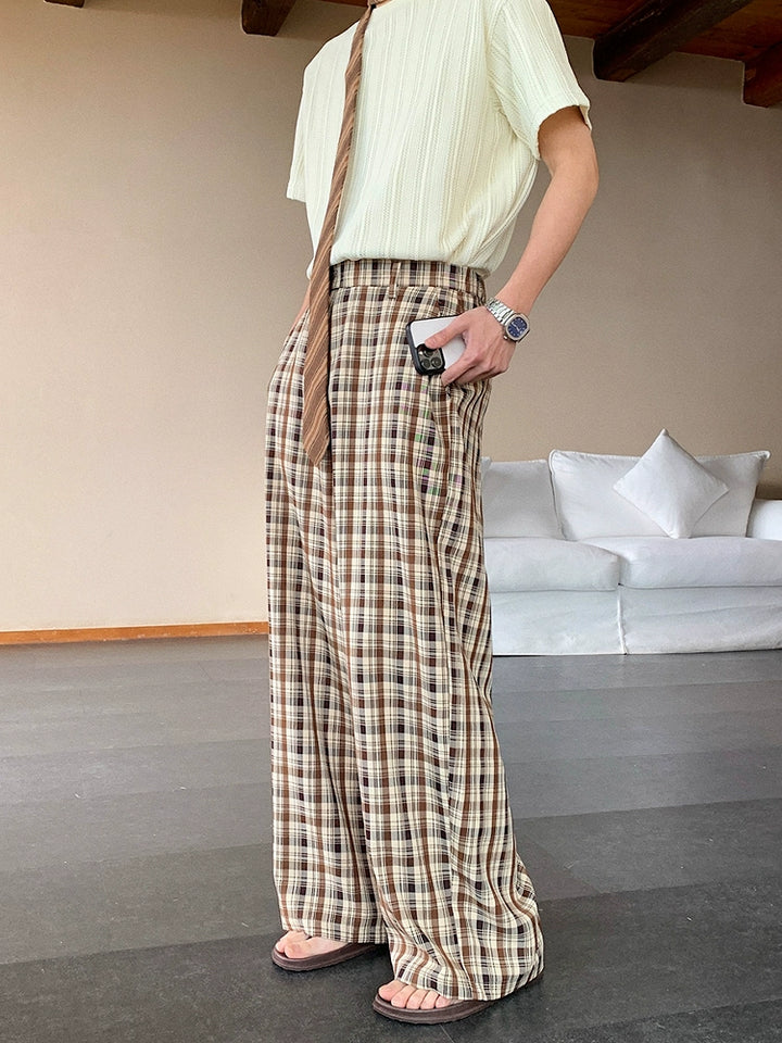 Plaid Wide-Leg Straight Pants