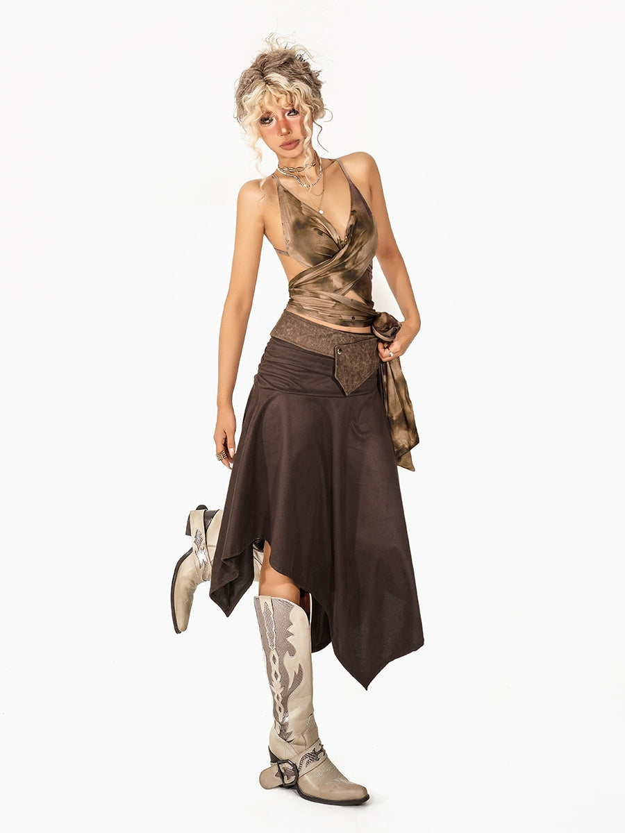 Retro Patchwork Irregular A-Line Skirt