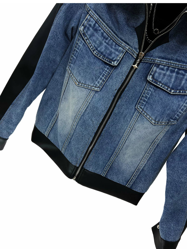 Leather Denim Contrast Short Jacket