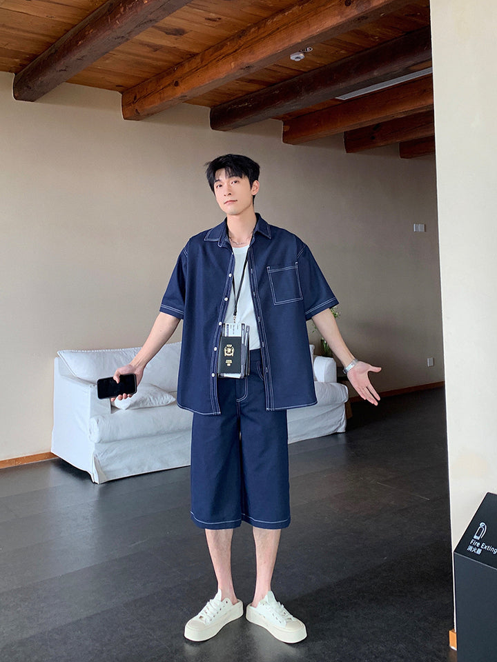 데님 반팔 셔츠와 바지 세트 