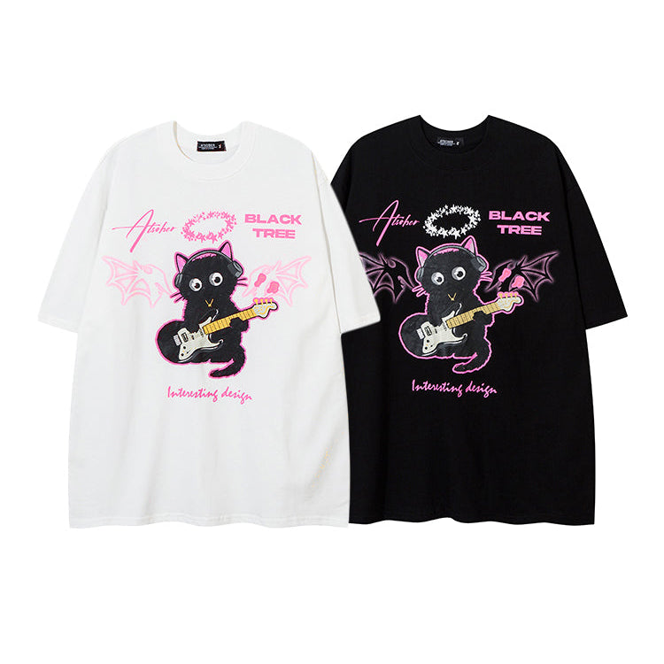 Hip-hop Guitar Cat Graphic T-shirt