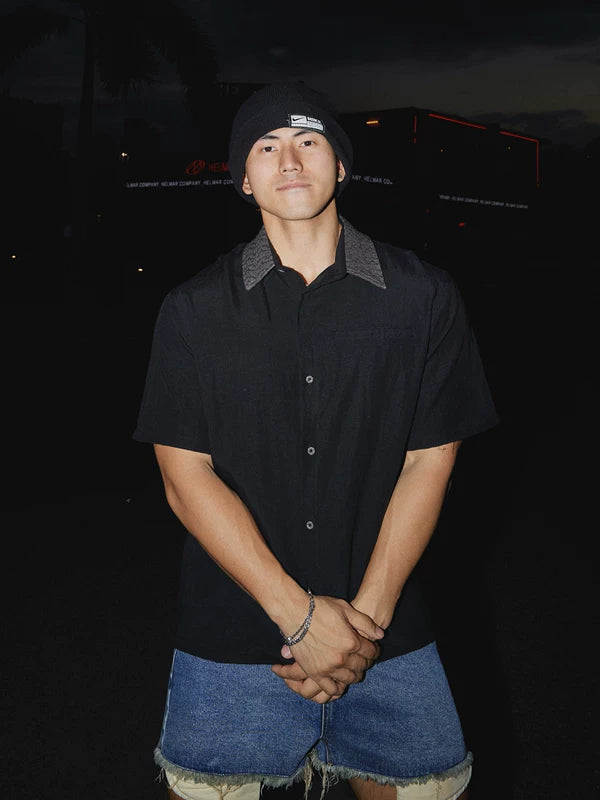 린넨 혼합 반팔 칼라 셔츠 