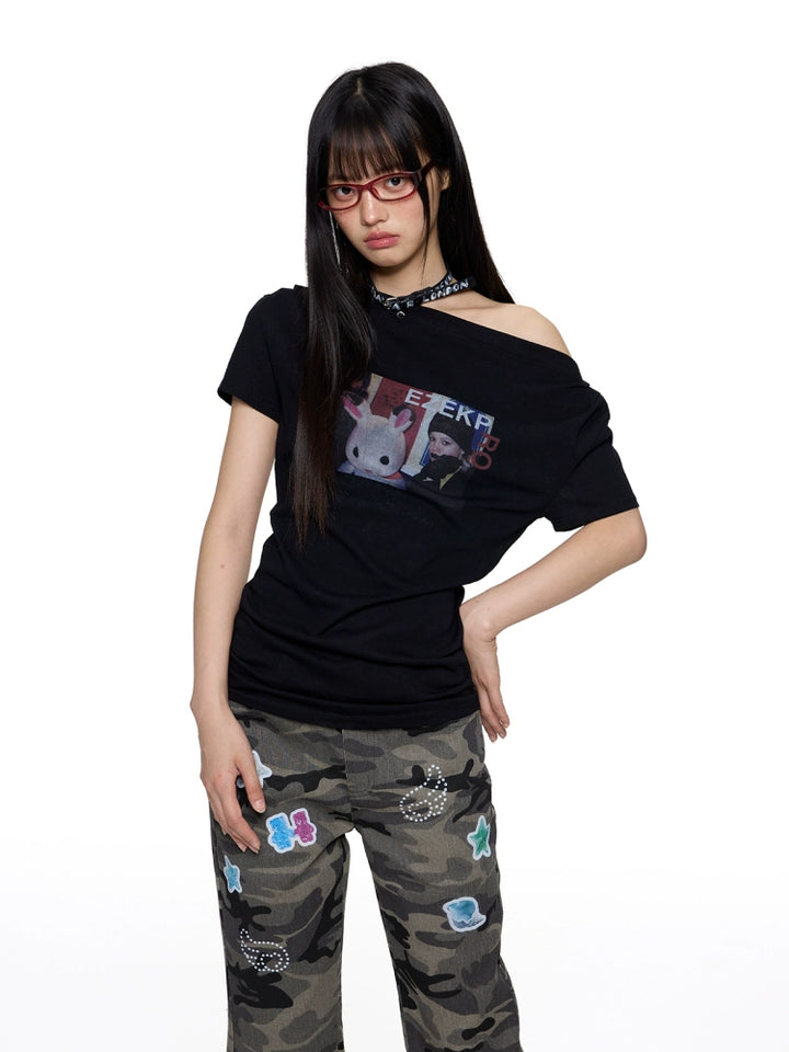 Off-Shoulder Graphic Short Sleeve T-Shirt