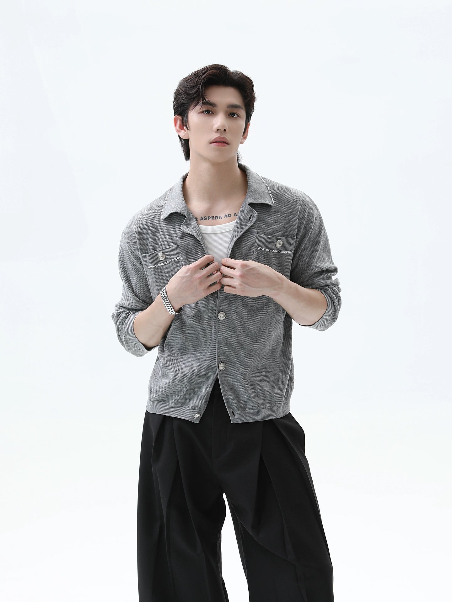 Retro Yaka Triko Düğmeli Hırka Gömlek 