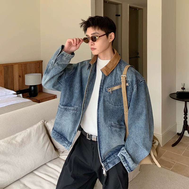 Overmaatse revers denimjas retro stijl 