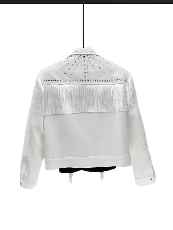 라인스톤 태슬 짧은 수트 칼라 재킷 