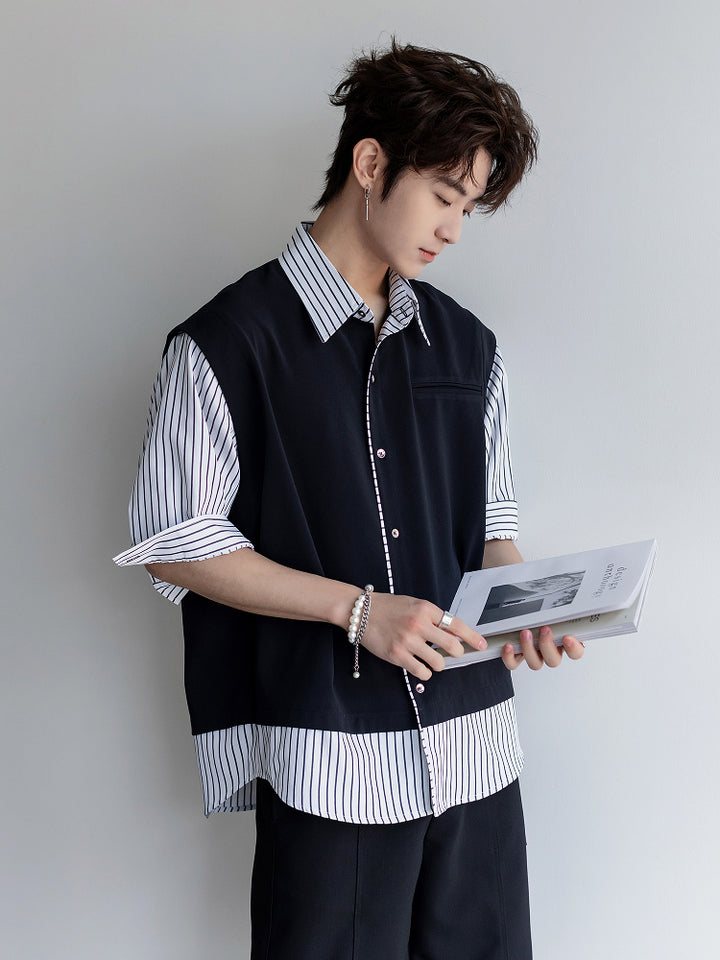 Loose-fit Striped Patchwork Shirt