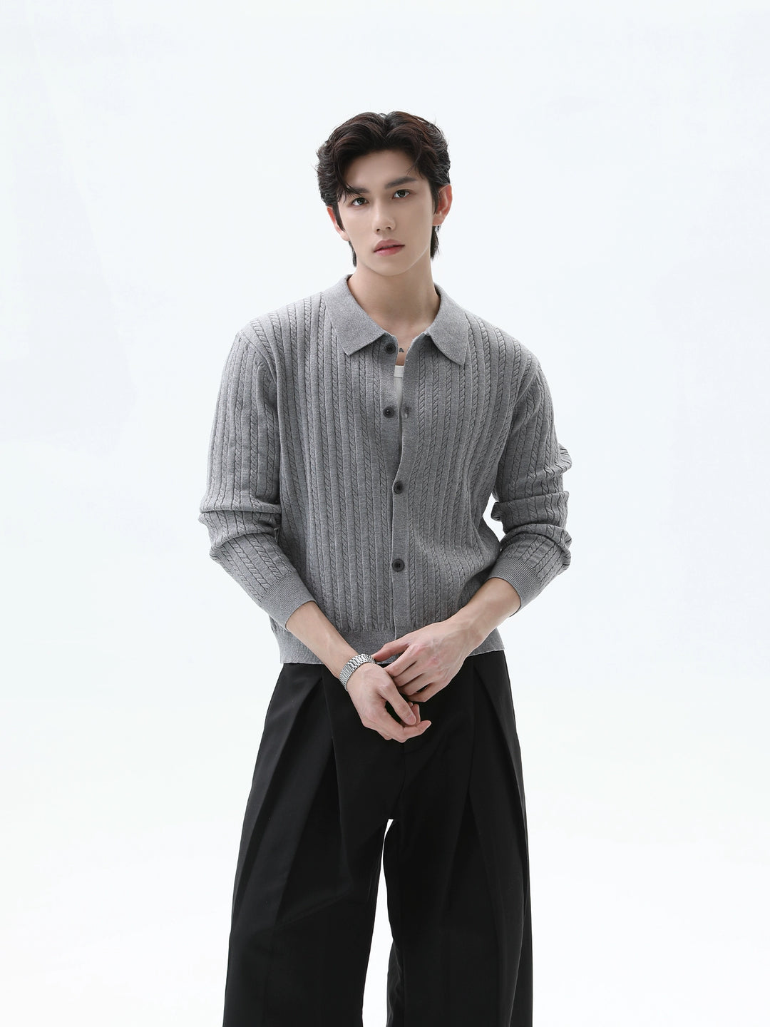 Cable Knit Lapel Button Cardigan