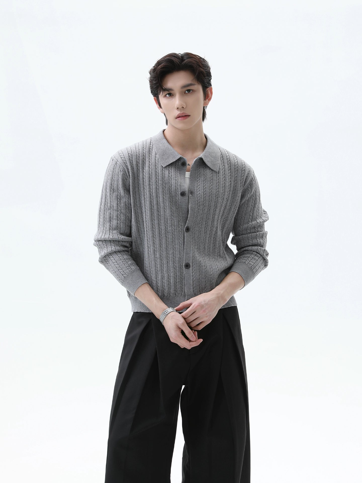 Kablo Örgü Yaka Düğmeli Hırka Kazak 