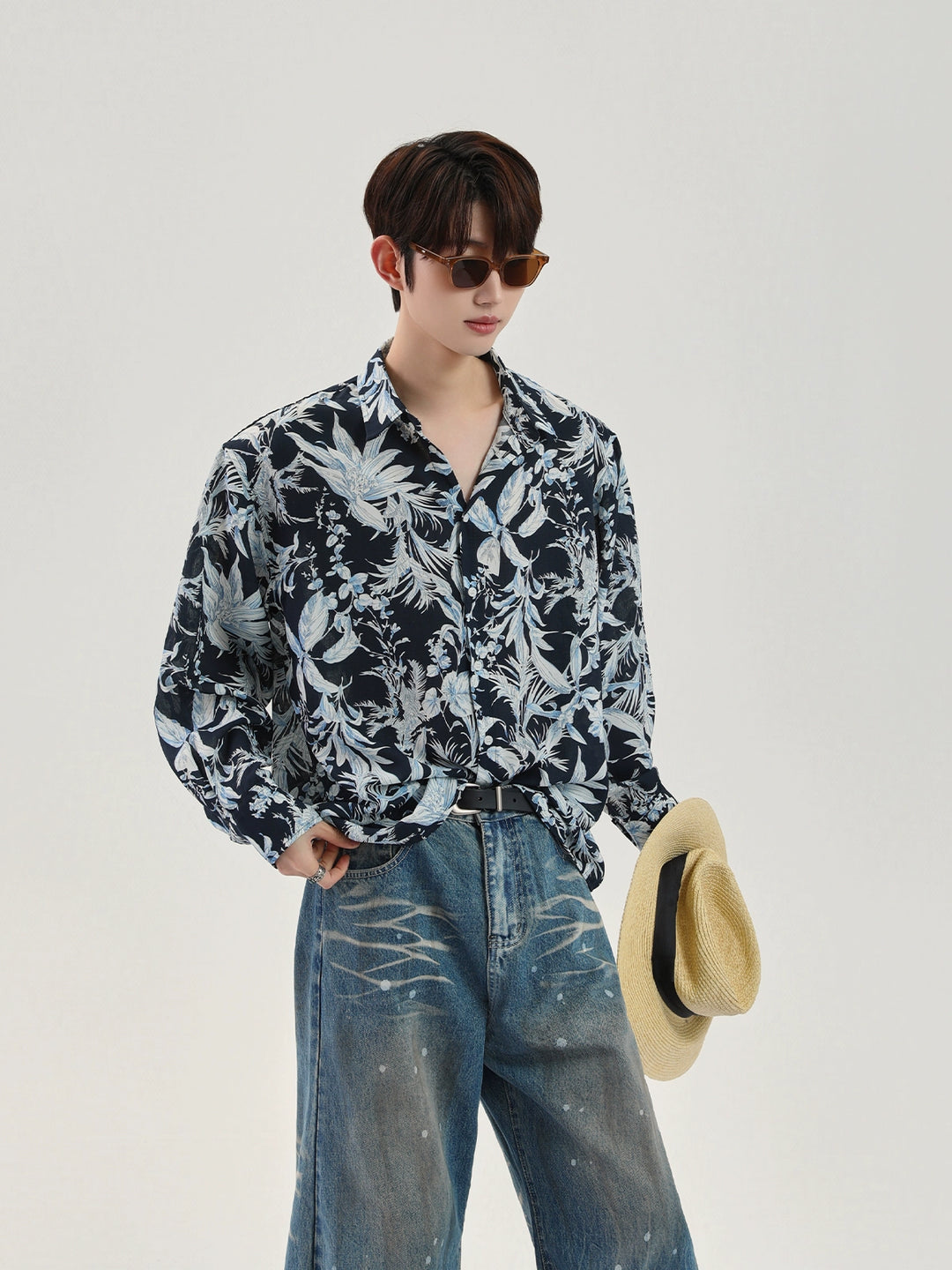 Camicia casual a maniche lunghe con stampa floreale retro 