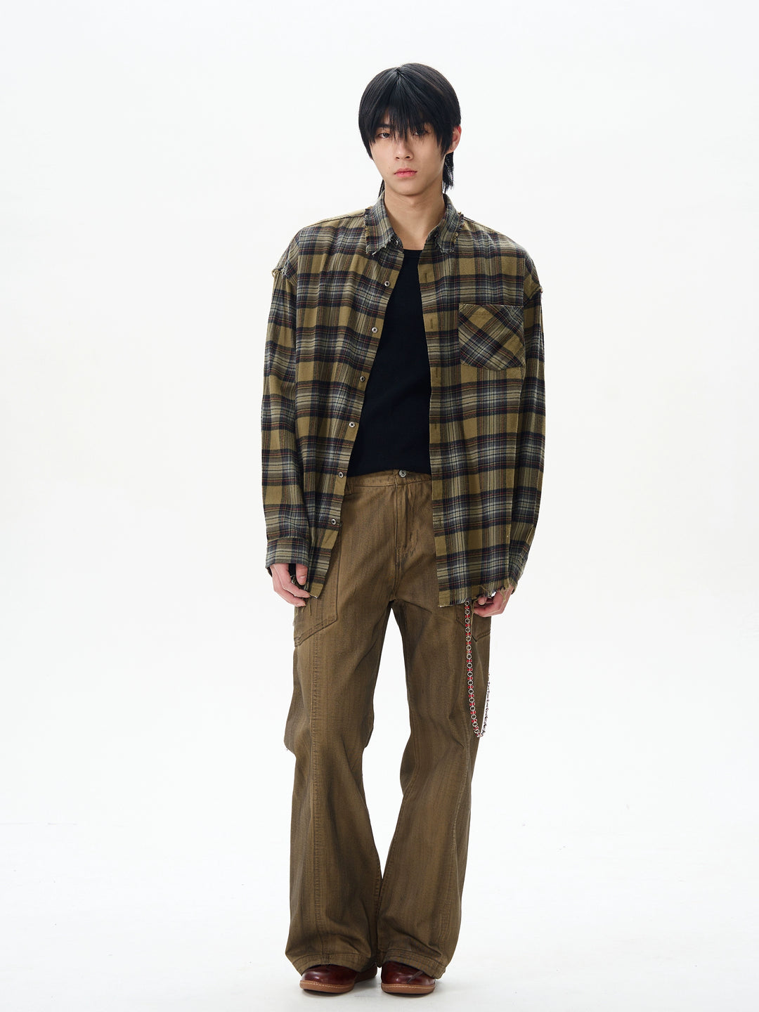 Camicia lunga a maniche larghe a quadri retro 