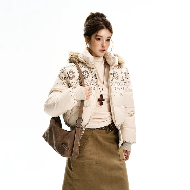 Casaco de algodão acolchoado com capuz e estampa Fair Isle 