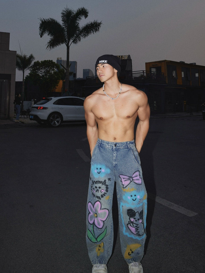 Graffiti Print Wijde Pijpen Denim Broek 
