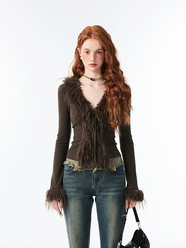 Faux päls trim V-ringad stickad cardigan 