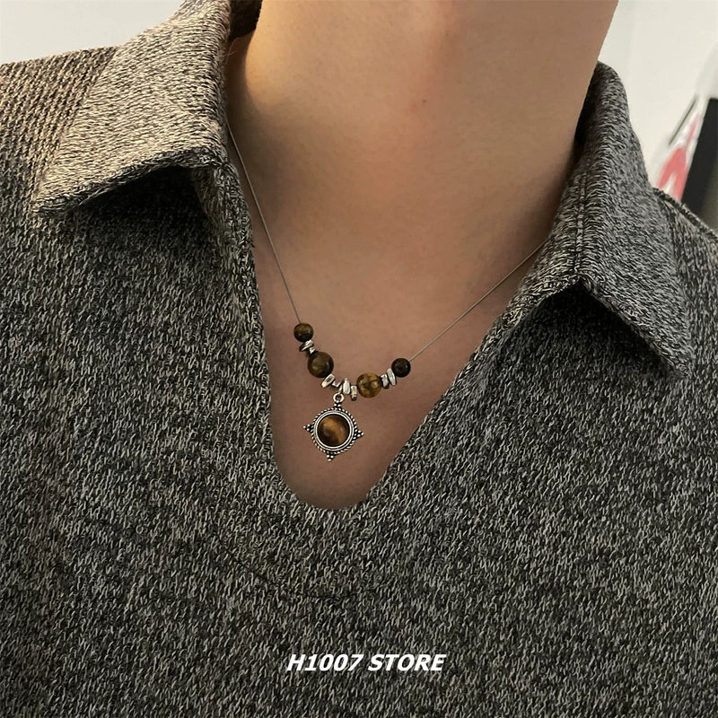 Colar de Pingente de Contas de Olho de Tigre 