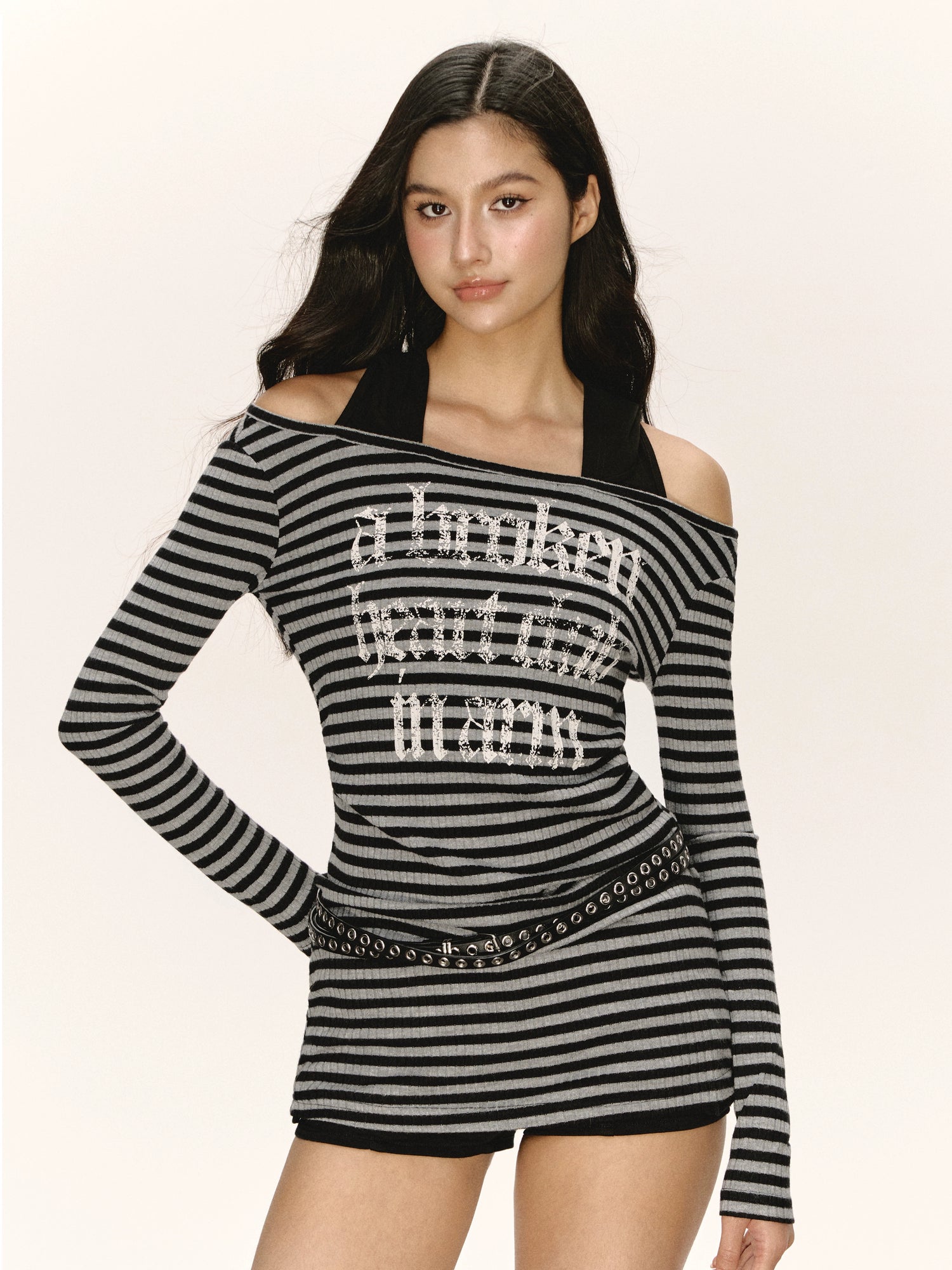 Striped Off-Shoulder Long Sleeve Top