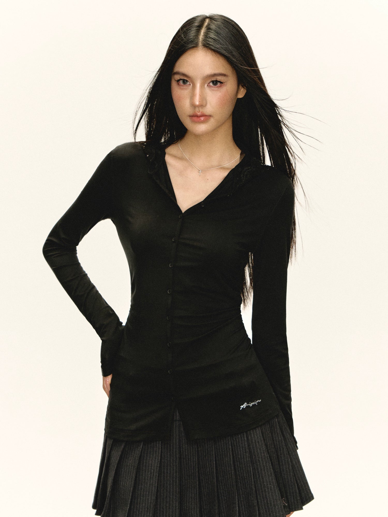 Long Sleeve Button-Up Turtleneck Top