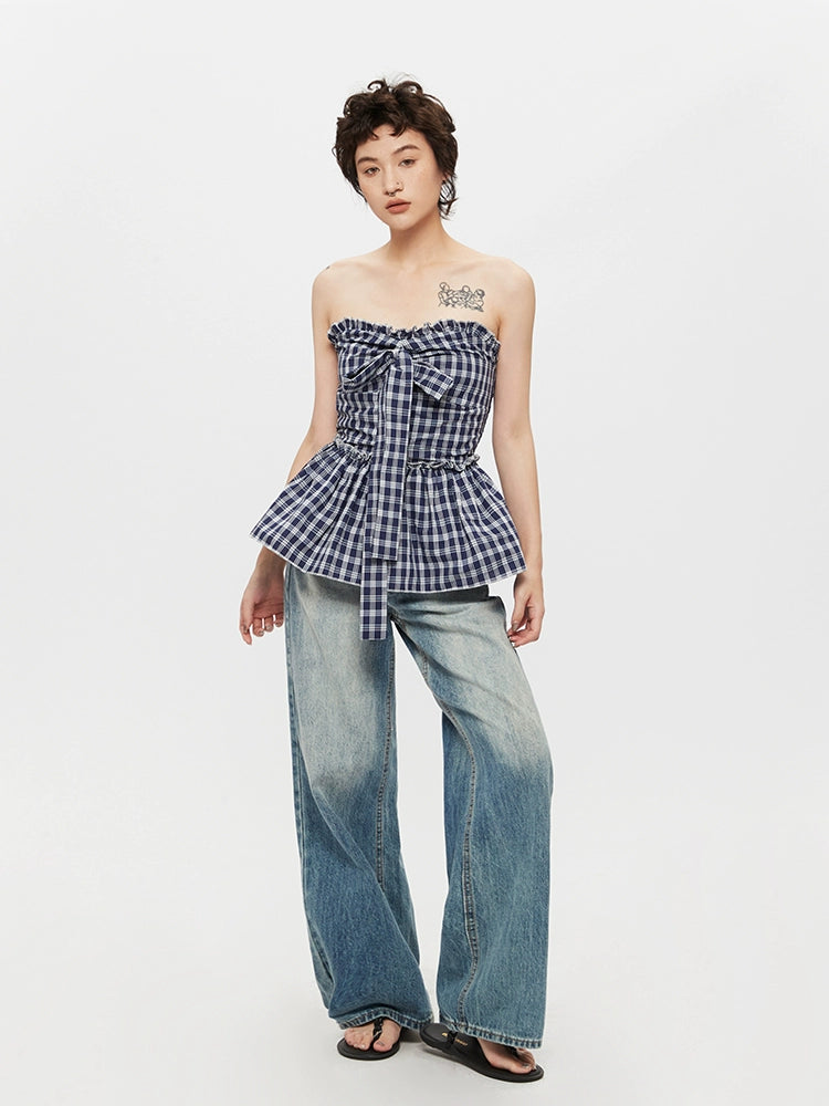 Plaid Strapless Pleated Bandeau Top