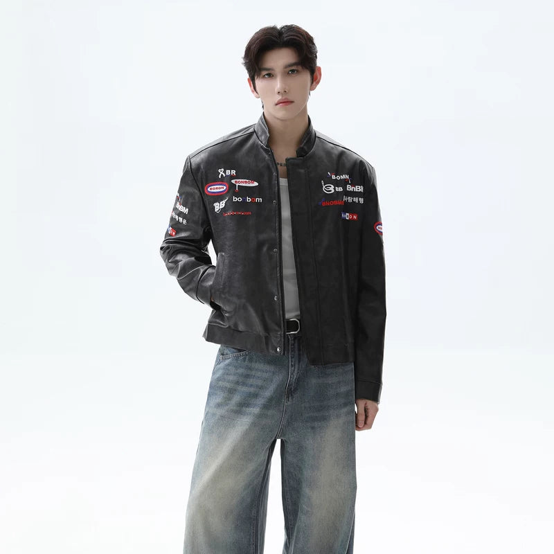 Stand-Collar Leather Motorcycle Jacket