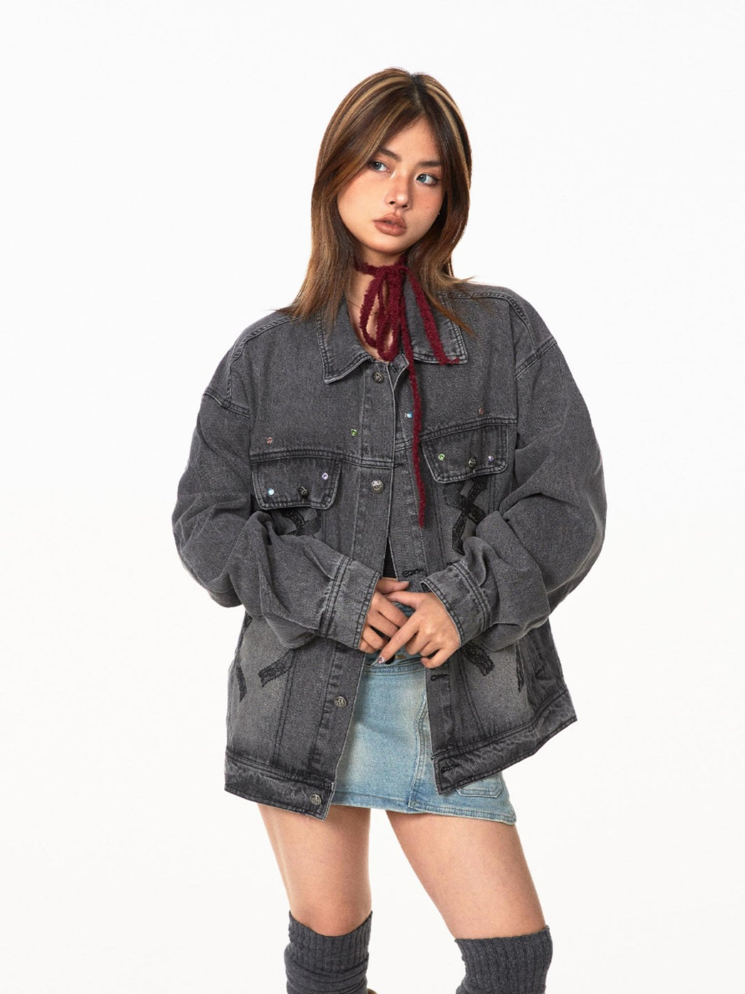 Retro Bow Print Denim Jacket