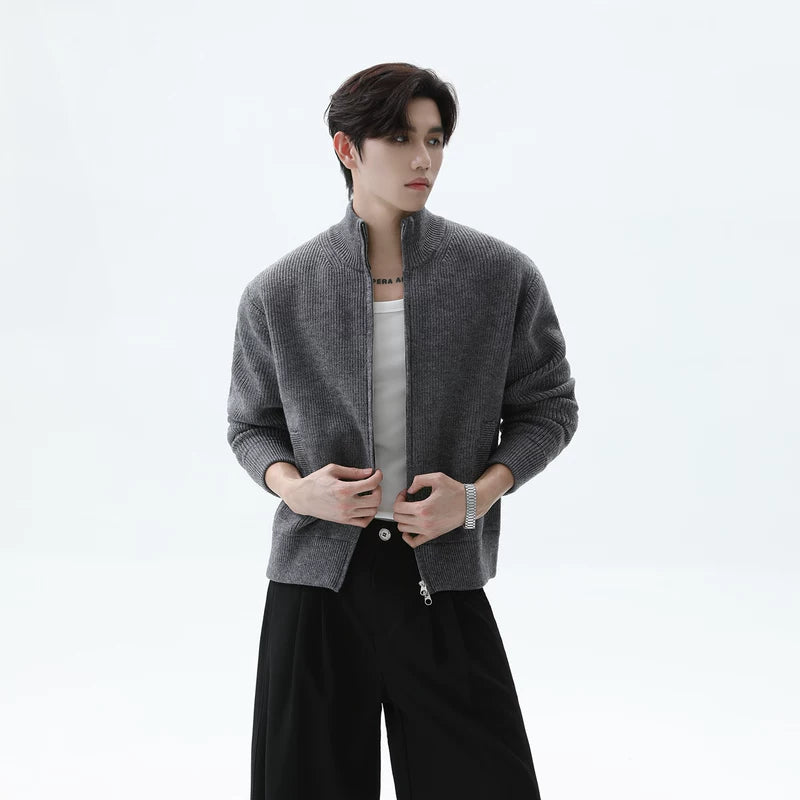 Double Zipper Stand Collar Wool Cardigan