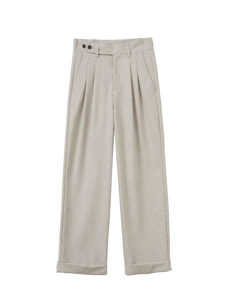 Linen Blend Straight Pleated Pants