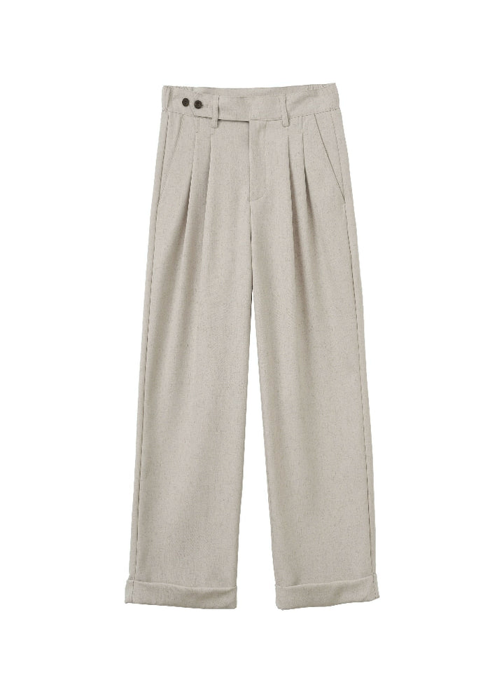 Linen Blend Straight Pleated Pants