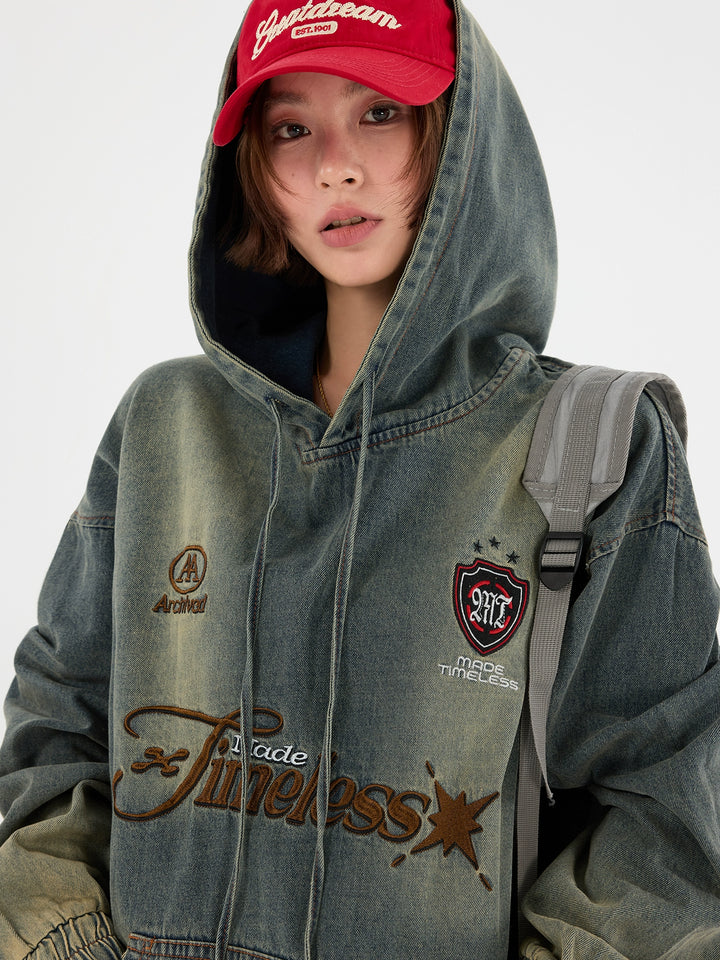 Washed Denim Hooded Sweatshirt