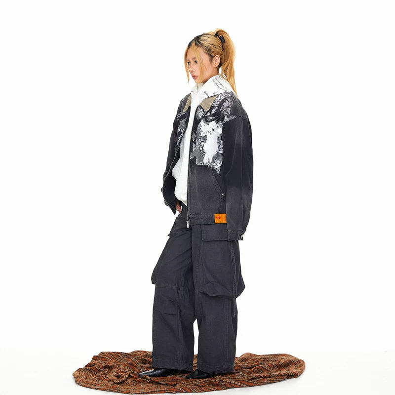 Lace Trim Angel Print Denim Jacket