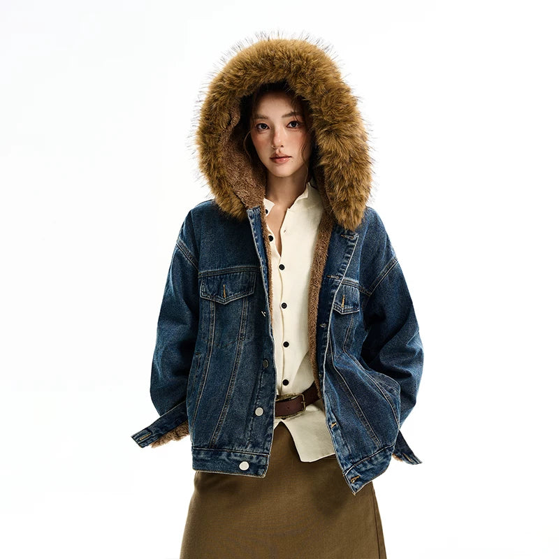 Fur Collar Hooded Denim Jacket