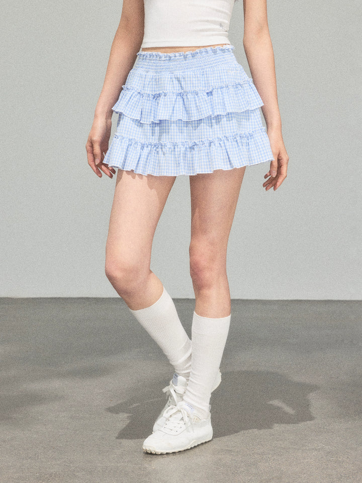 Tiered Gingham Ruffle Short Skirt