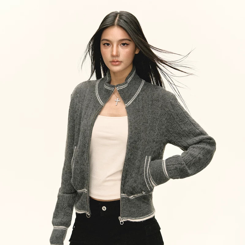 سترة كارديجان بسحاب وياقة ريترو 