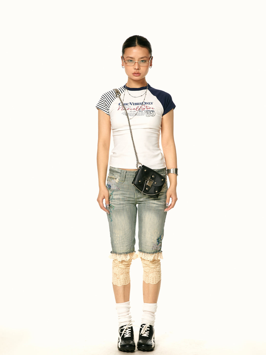 Retro Contrast Stitch Print T-shirt