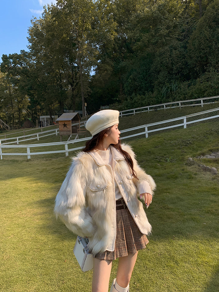Faux Fur Short Coat with Pearls