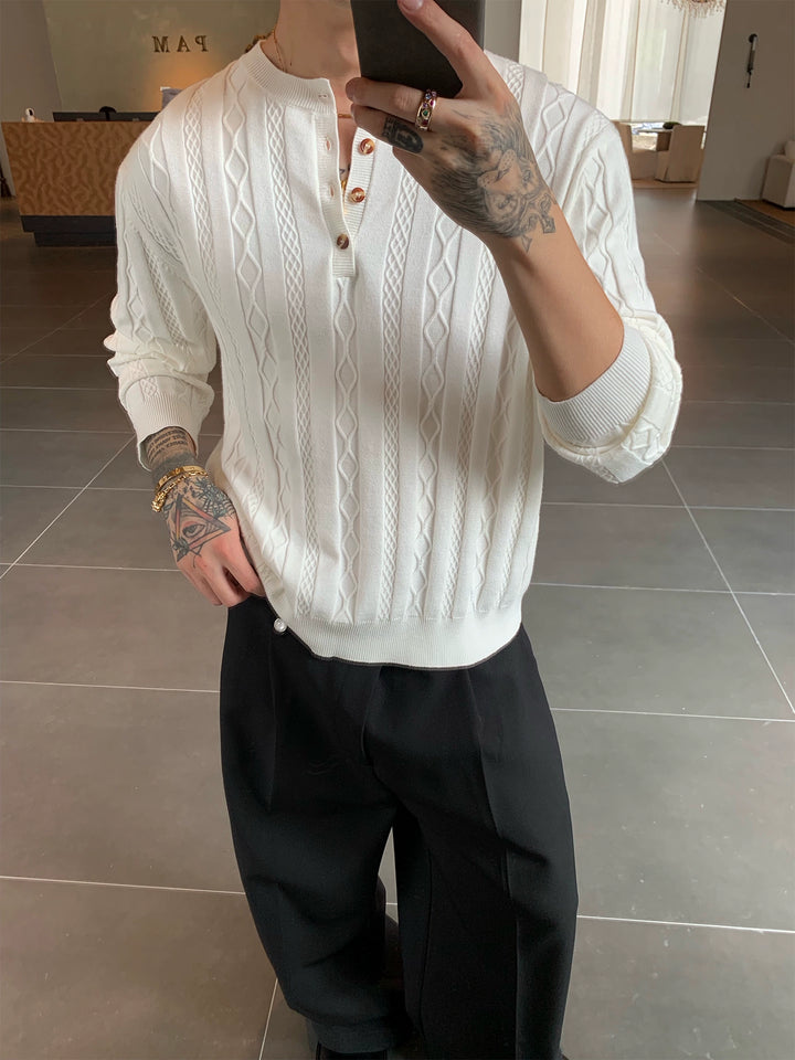 Henley Collar Cable Knit Sweater
