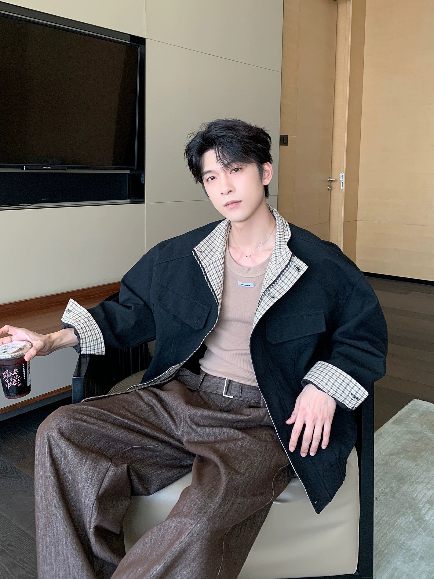 جاكيت هارينجتون ذو القطعتين مبطن بمربعات 