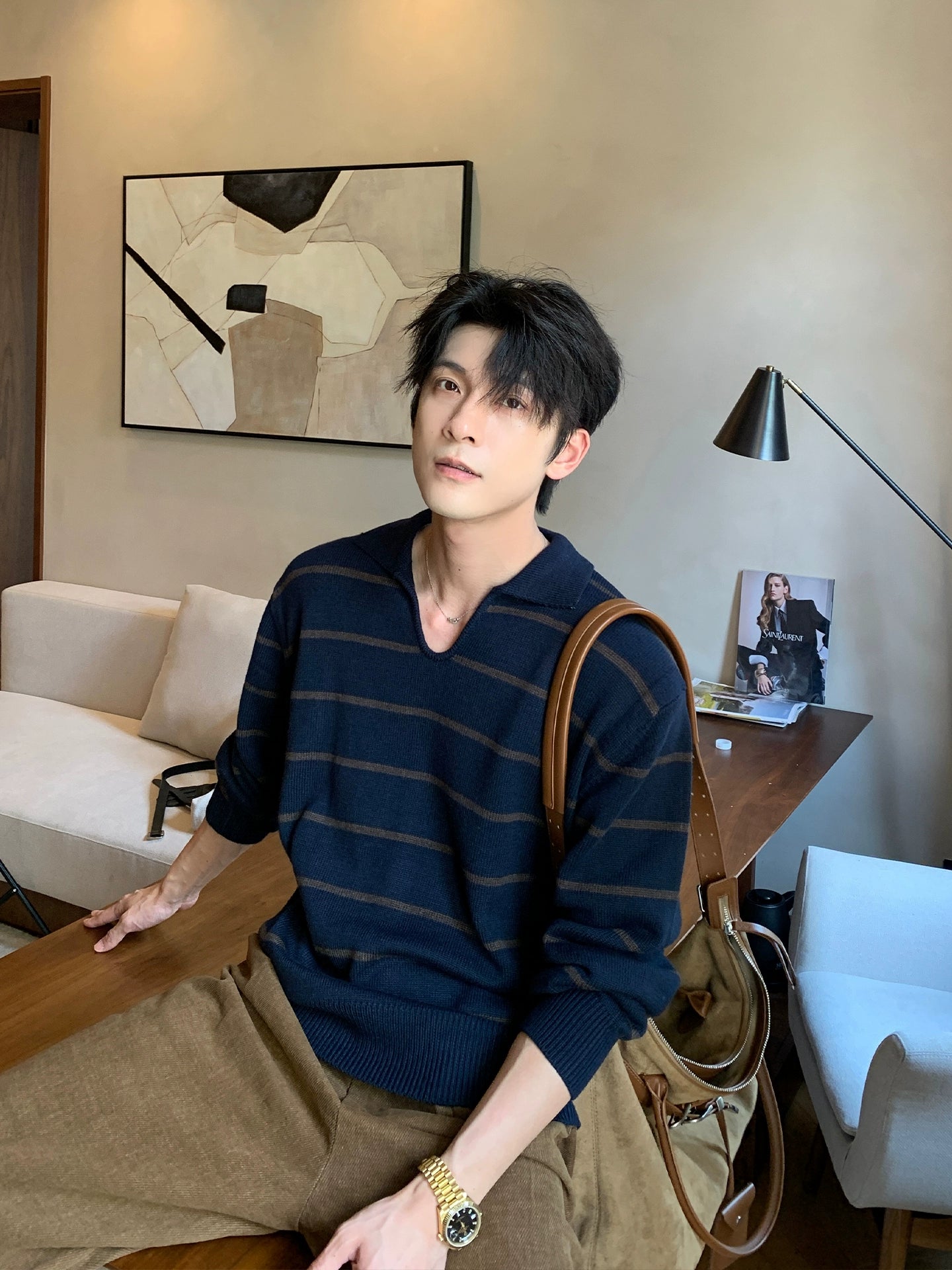 Polo Yaka Çizgili Yün Kazak 