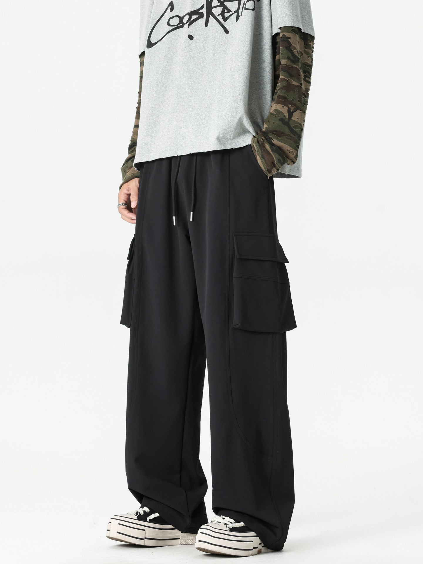 Çok Cepli Bağcıklı Geniş Paça Kargo Pantolon 