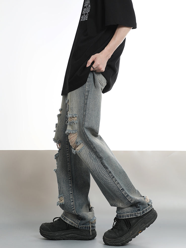 Ripped Straight Fit Distressed Jeans