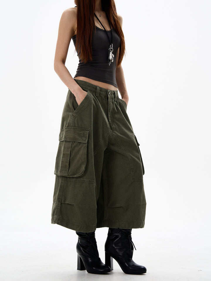 Multi-pocket Wide-leg Cropped Pants
