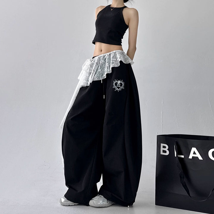 Lace Overlay Wide Leg Pants Skirt