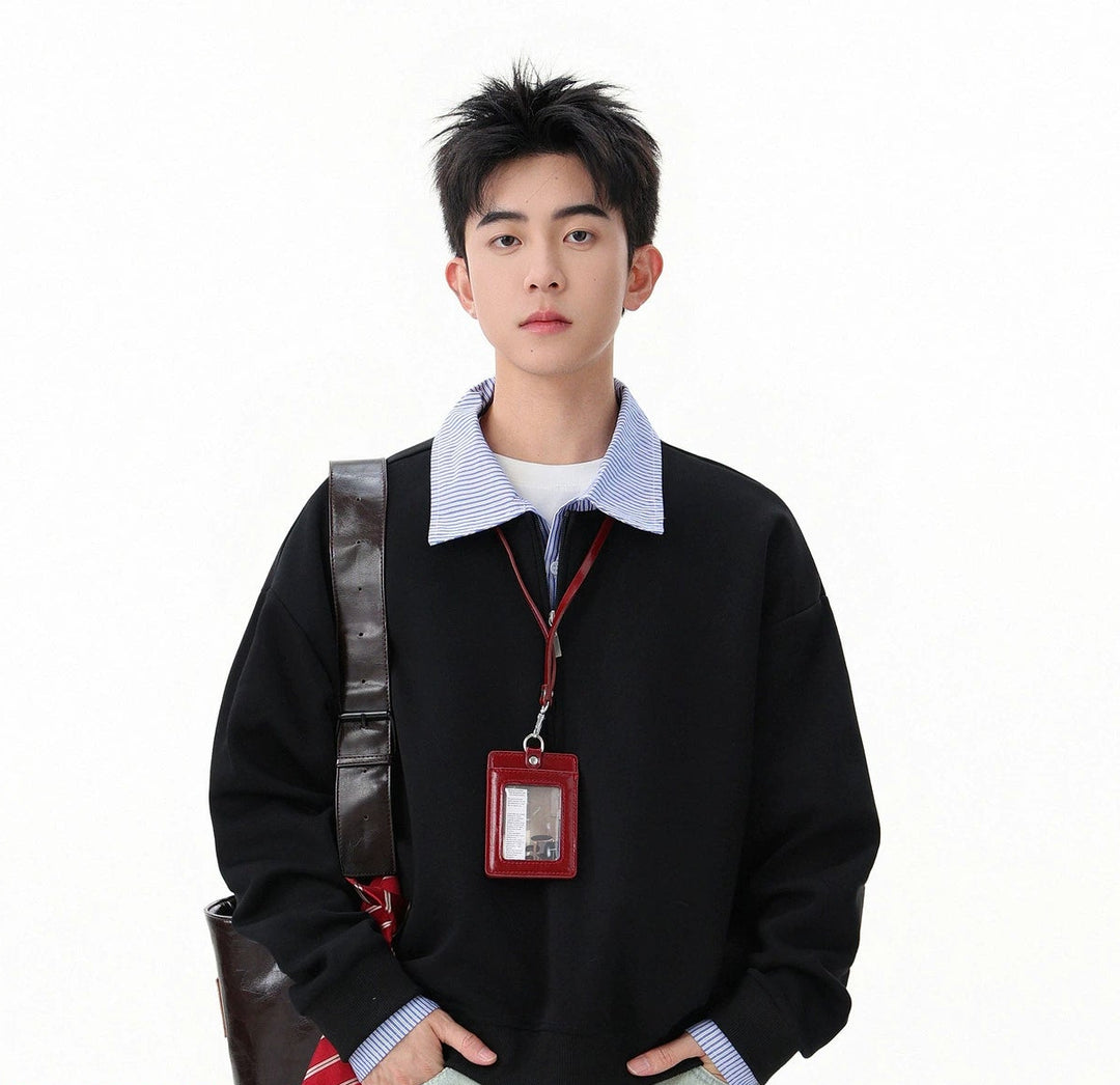 Polo Collar Striped Stitching Sweatshirt