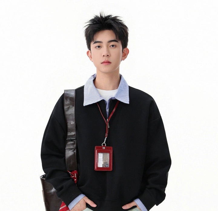 Polo Collar Striped Stitching Sweatshirt