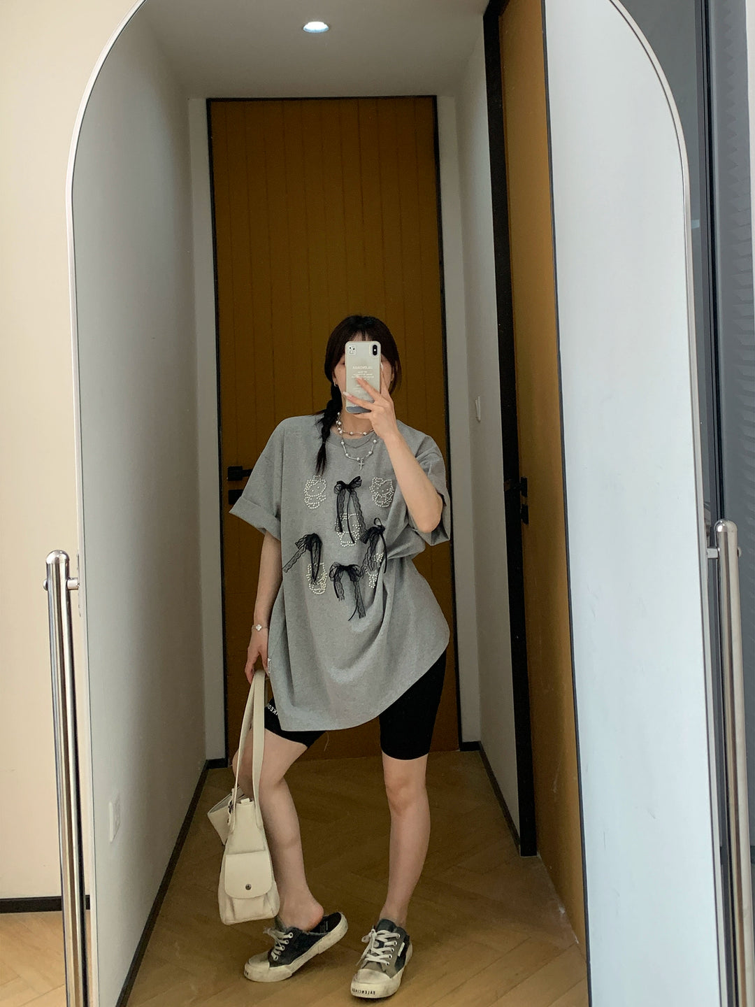 Lace Bow Beaded Loose Fit T-shirt