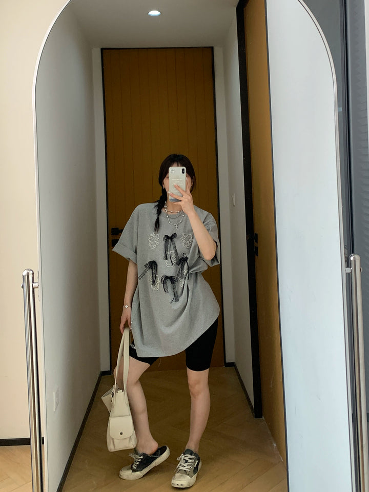 Lace Bow Beaded Loose Fit T-shirt