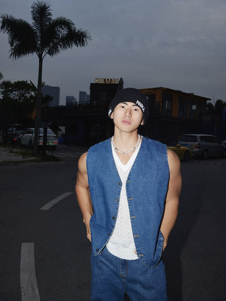 Denim-Weste und weit geschnittene Jeans-Set 