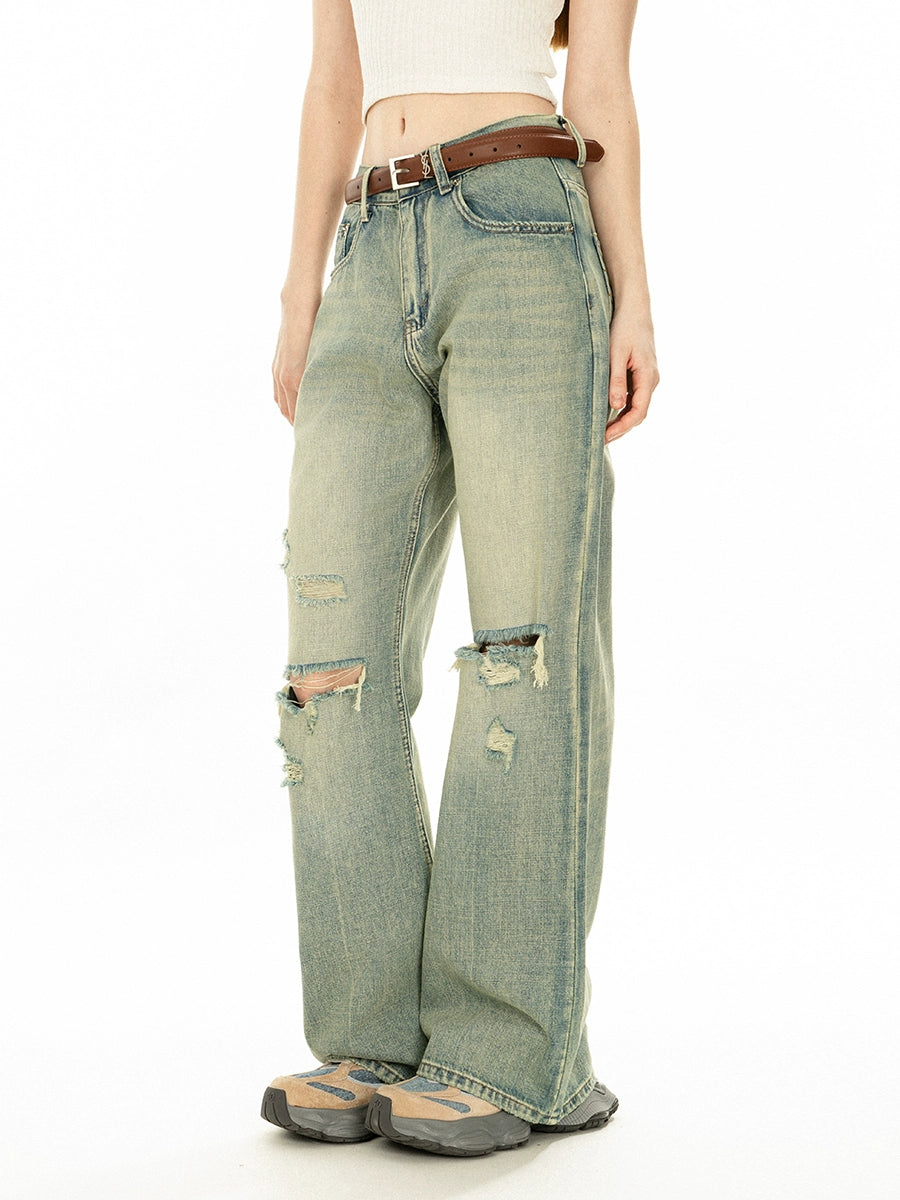 Low Waist Distressed Flared Ripped Pants