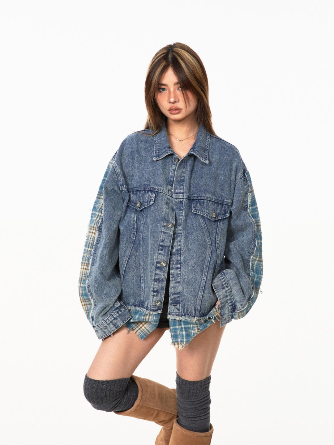 Kariertes gestepptes Denim-Jacke 